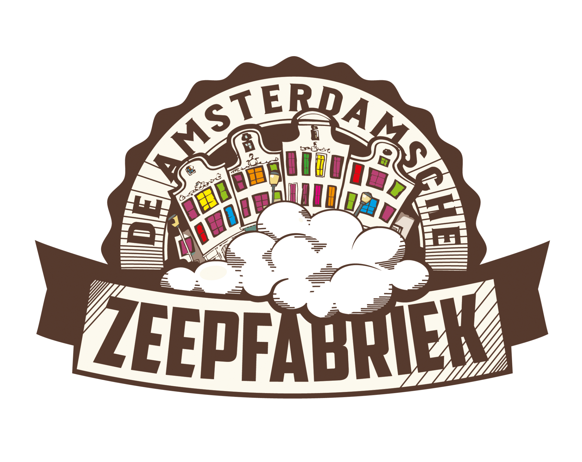 Het logo van de Amsterdamse Zefpfabriek met een bruine boog, kleurrijke huizen en een opvallende bannertekst.