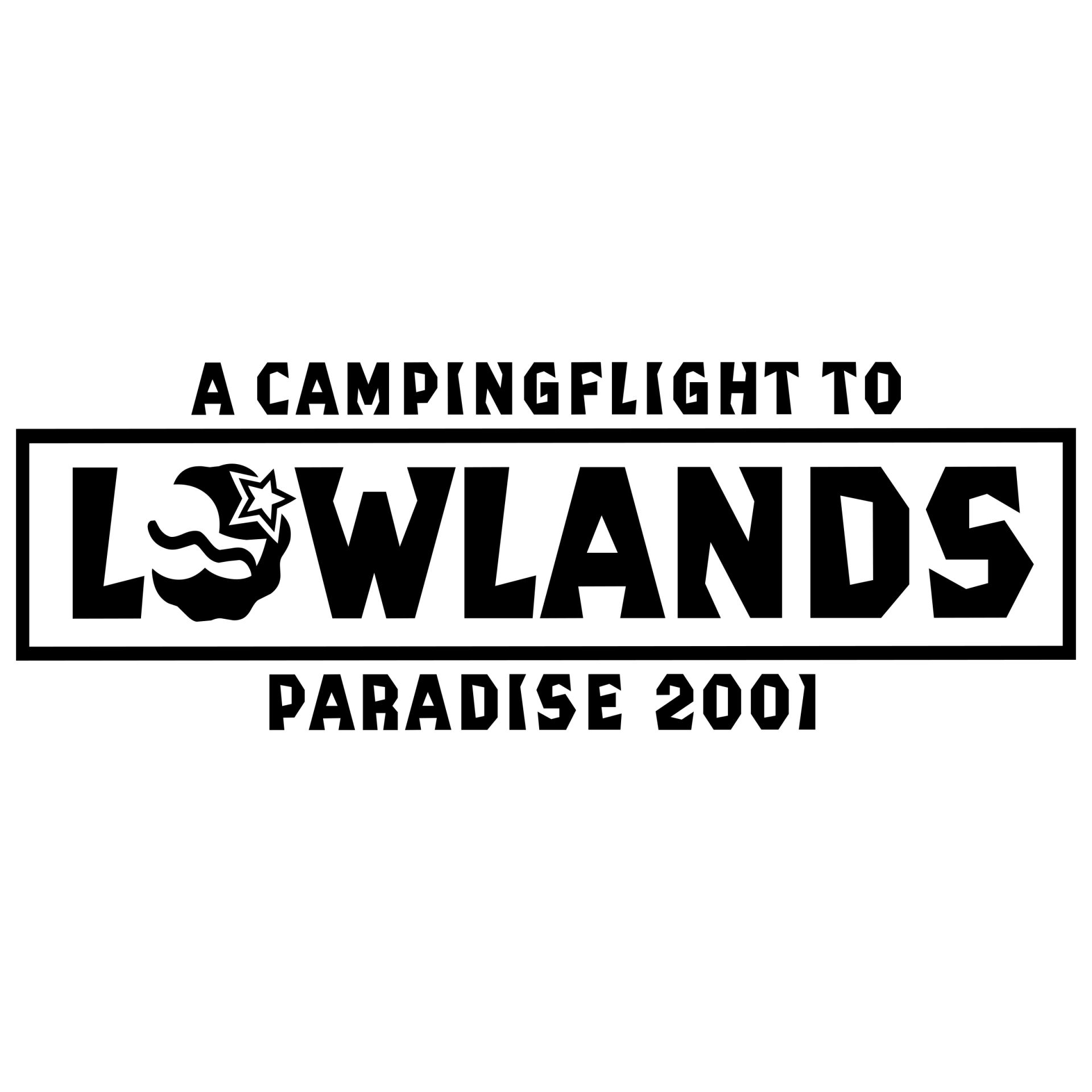 Zwart-wit festivallogo van Lowlands Paradise 2001; tekst
