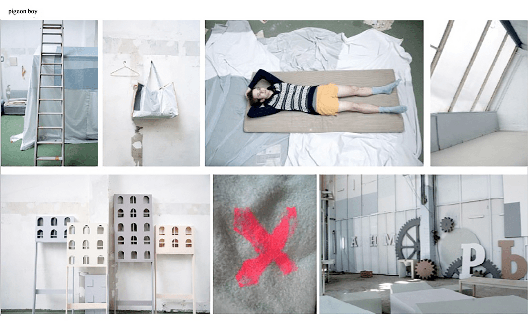 Een collage van minimalistische, witgetinte interieurs; een rustende persoon en objecten met architectonische kenmerken.