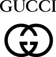 Gucci-logo in zwarte tekst met in elkaar grijpend G-embleem op een witte achtergrond.