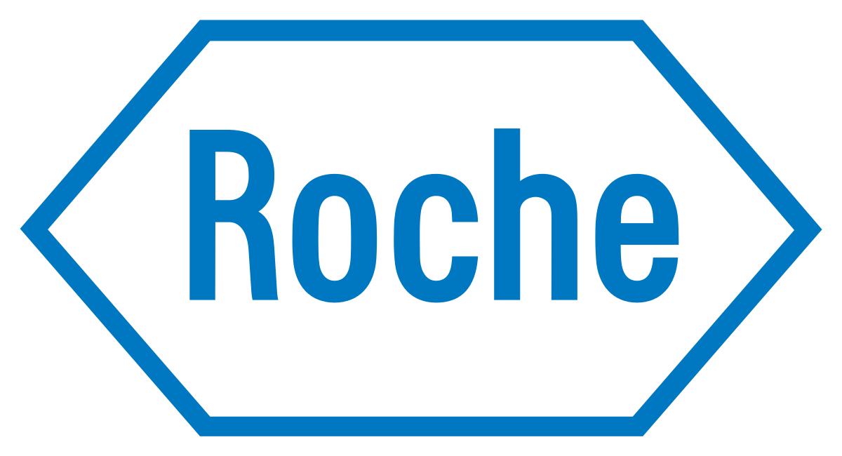 Roche-logo: Blauwe tekst binnen een blauwe zeshoekige omlijning.