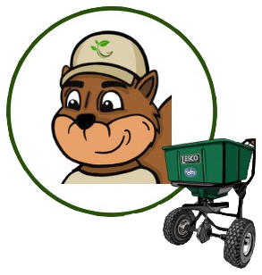 GreenerConcepts Mascot with green fertilizer spreader.