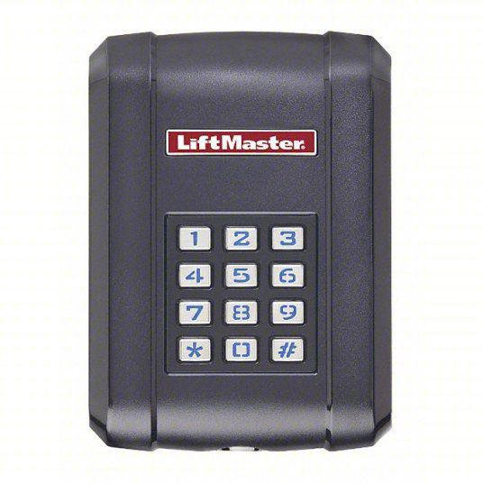A black lift master keypad on a white background