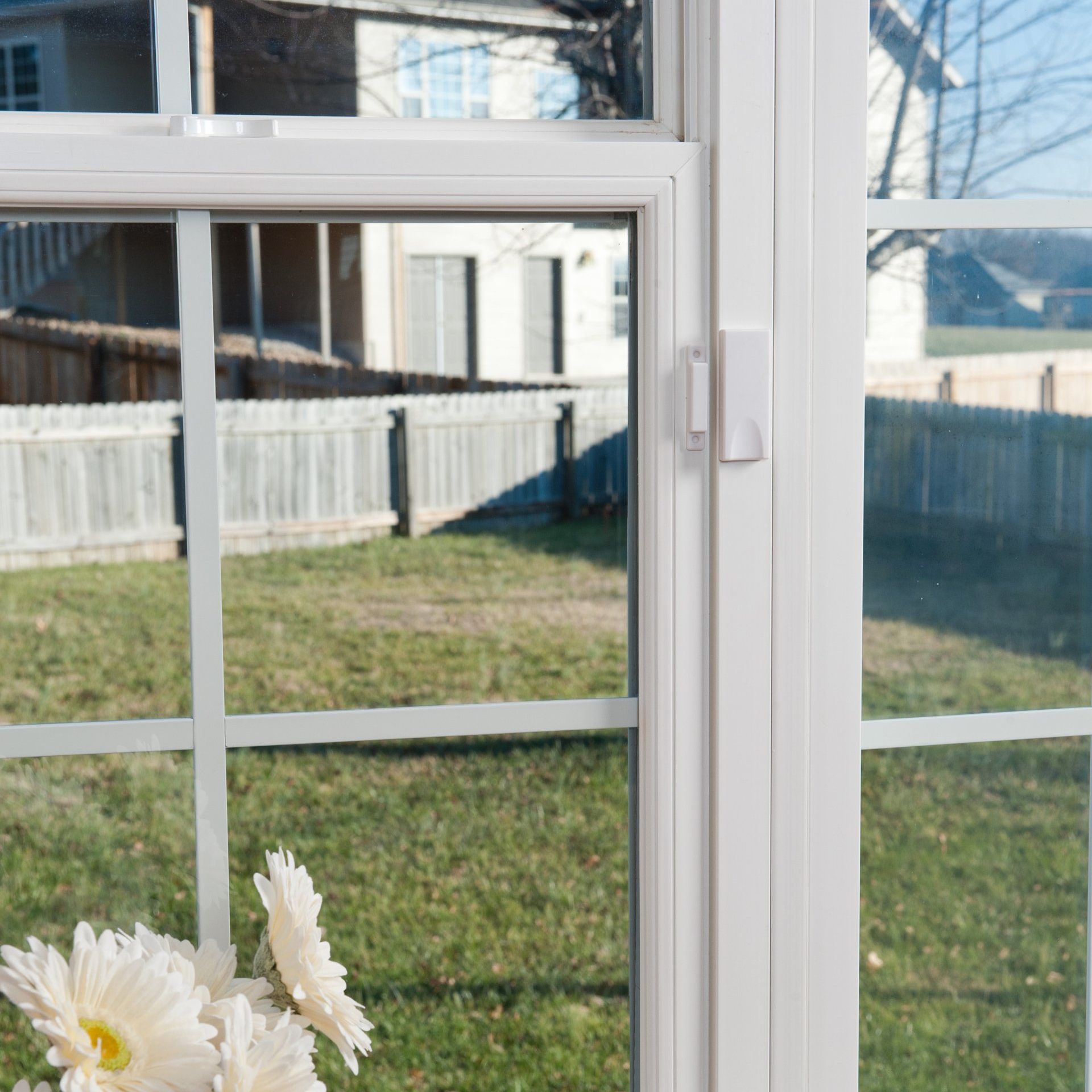 A white window with a vase of flowers in front of it.