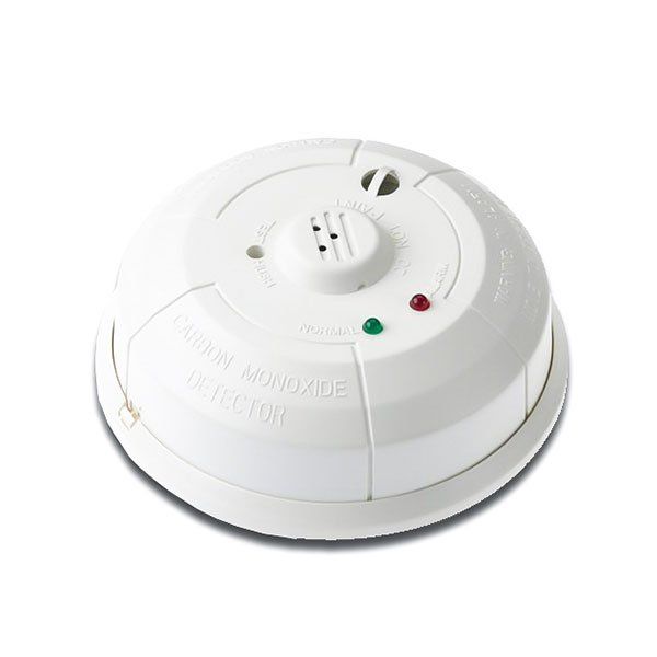 A white smoke detector with a red and green light