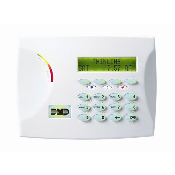 A white keypad with a green screen that says disarmed ready to arm