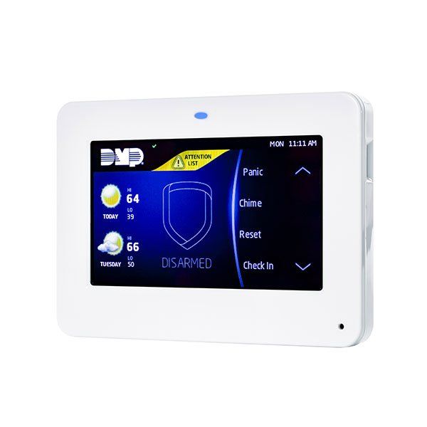 A white thermostat with a blue screen that says disarmed on it.