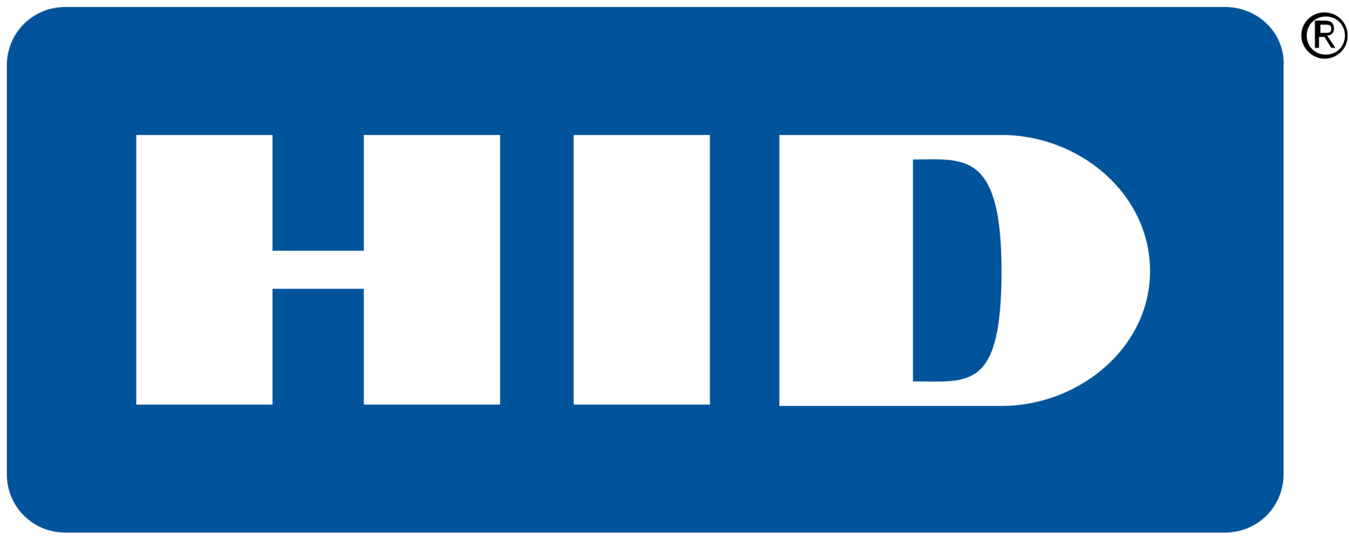 A blue and white hid logo on a white background