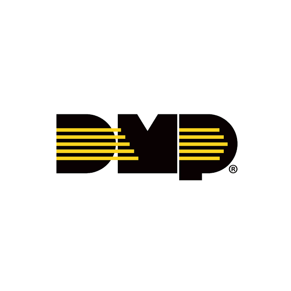 A black and yellow logo for dmp on a white background.