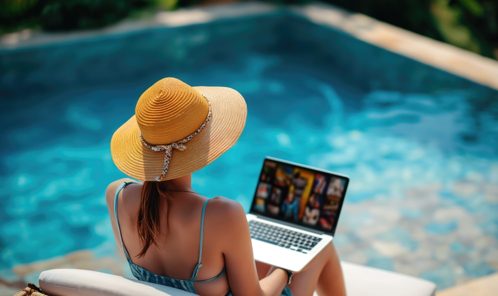 A woman is sitting by a pool using a laptop computer.