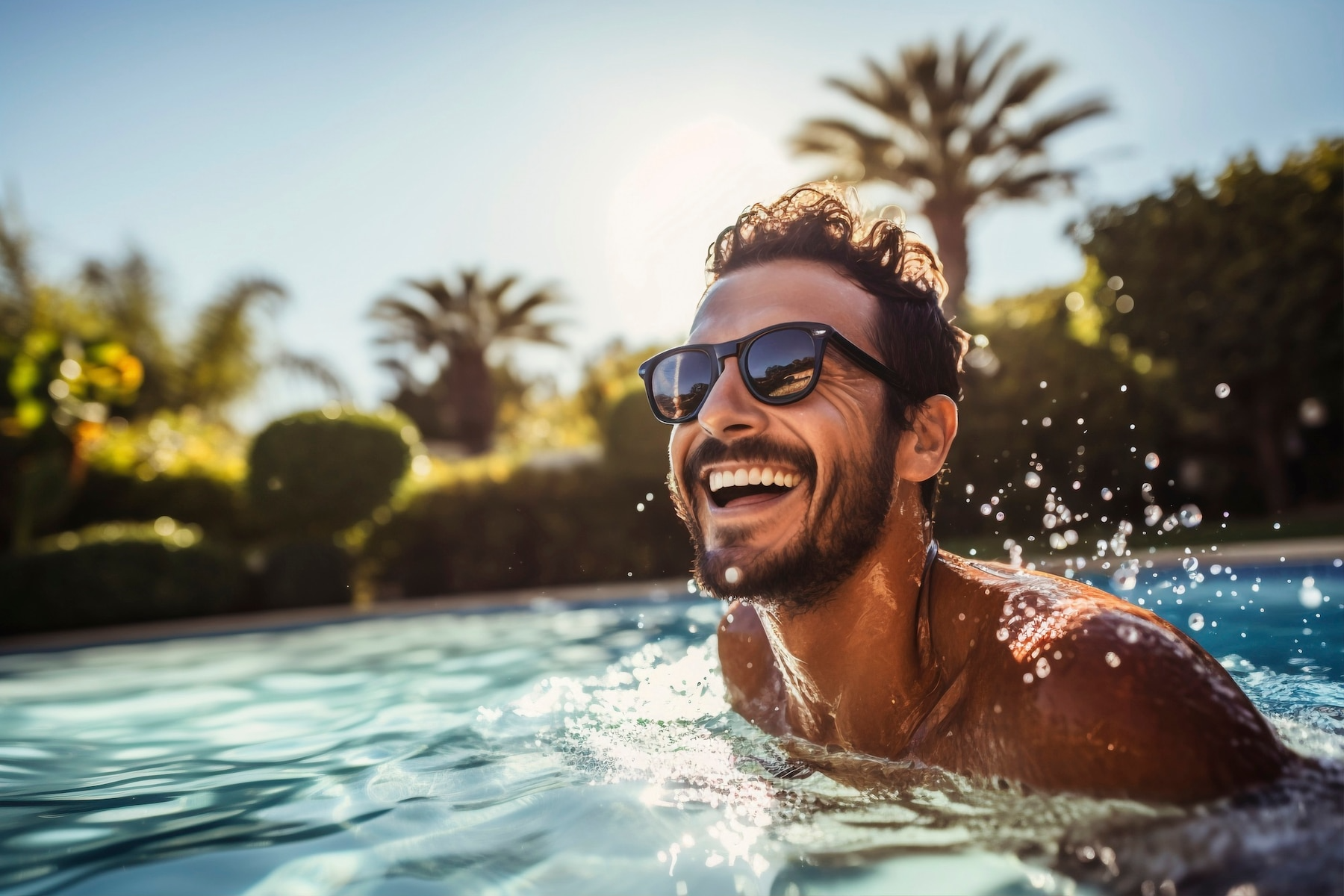 A man wearing sunglasses is swimming in a swimming pool and smiling.