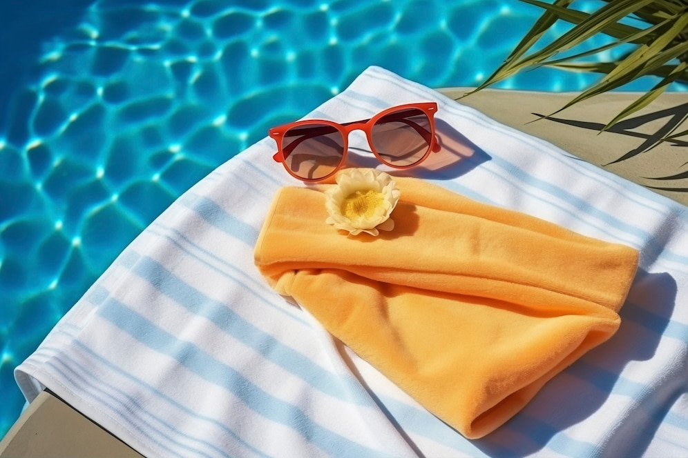 A towel with sunglasses and a flower on it next to a pool