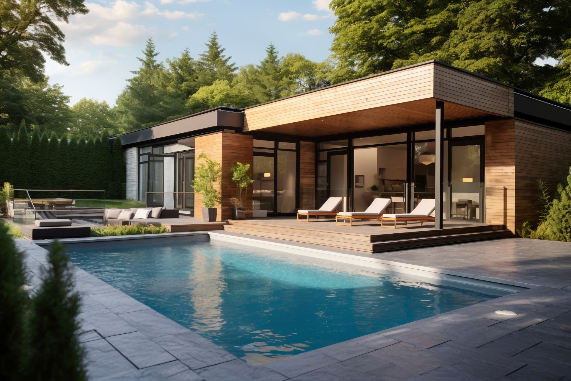 A modern house with a large swimming pool in front of it.