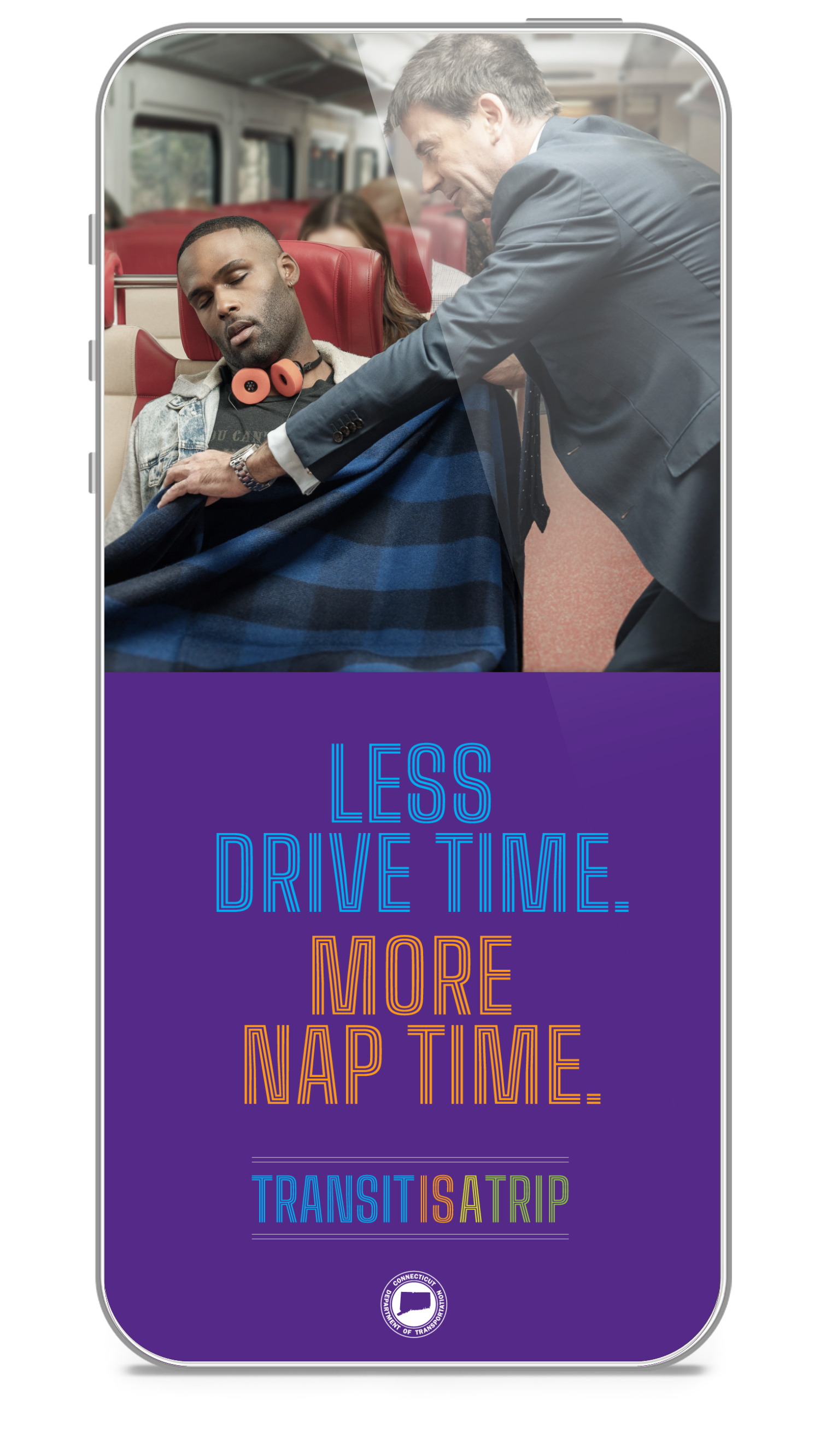 A man in a suit is putting a blanket on a man on a bus with a headline