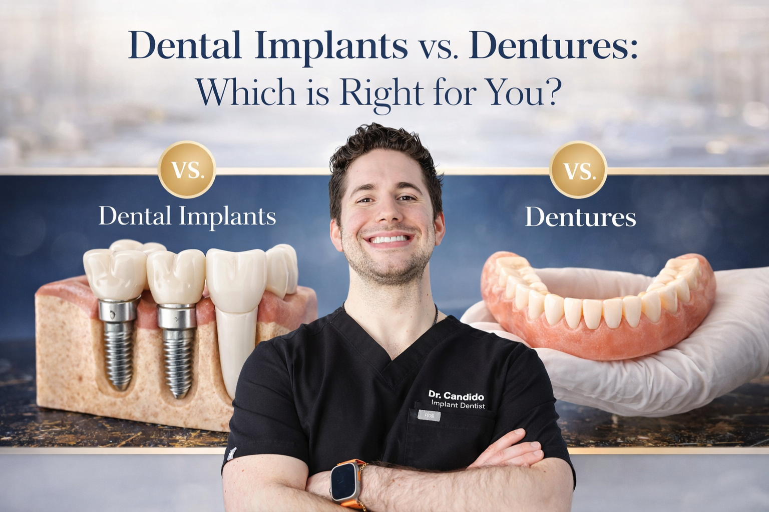 Comparison of dental implants vs dentures, with a smiling dentist between the two options.
