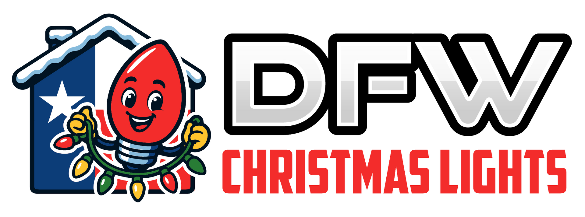 DFW Christmas Lights logo with a smiling red holiday bulb and festive holiday lights