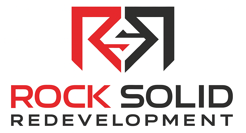 Rock Solid Redevelopment logo in red, black, and gray with stylized R and S initials