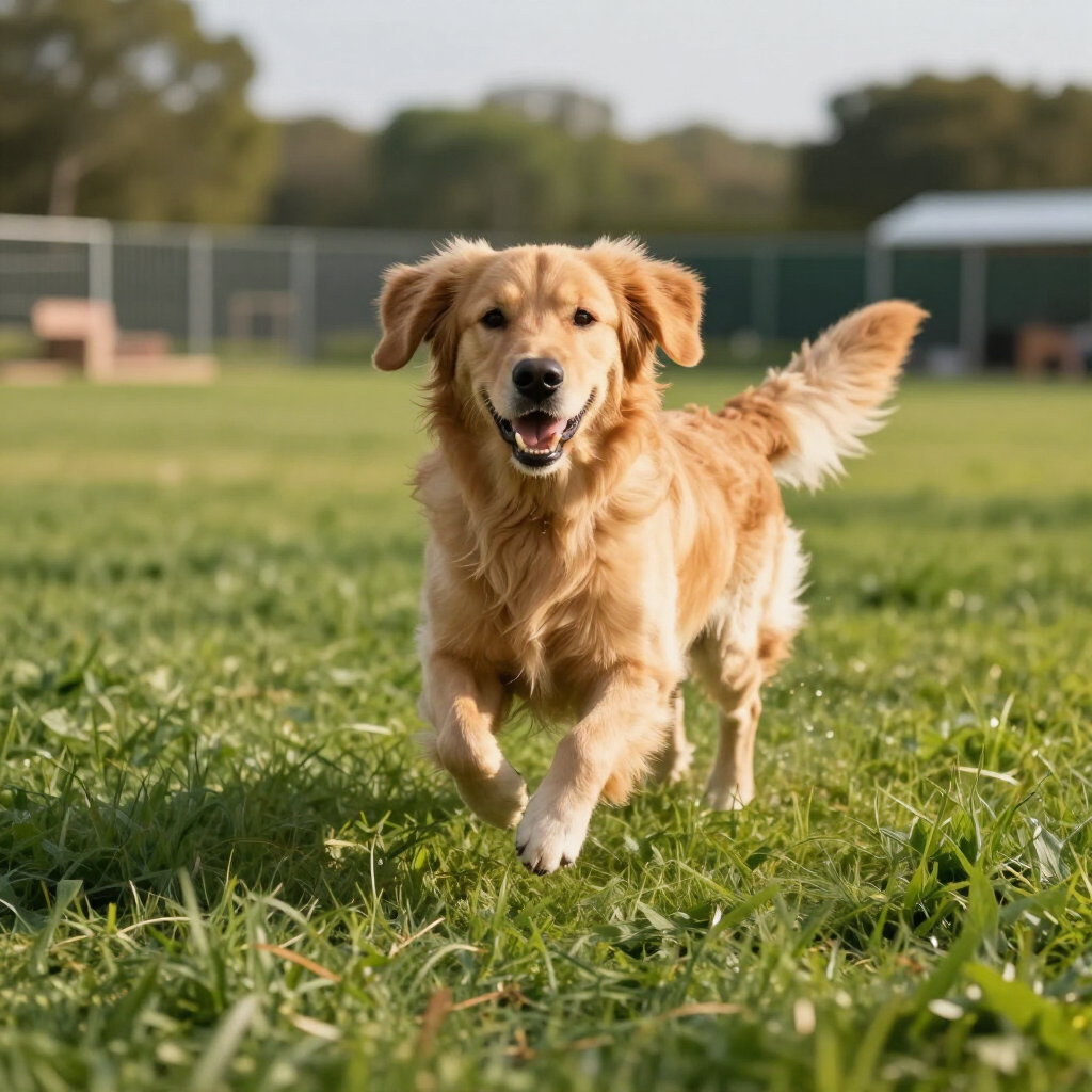 Golden retriever running joyfully through a private dog park.