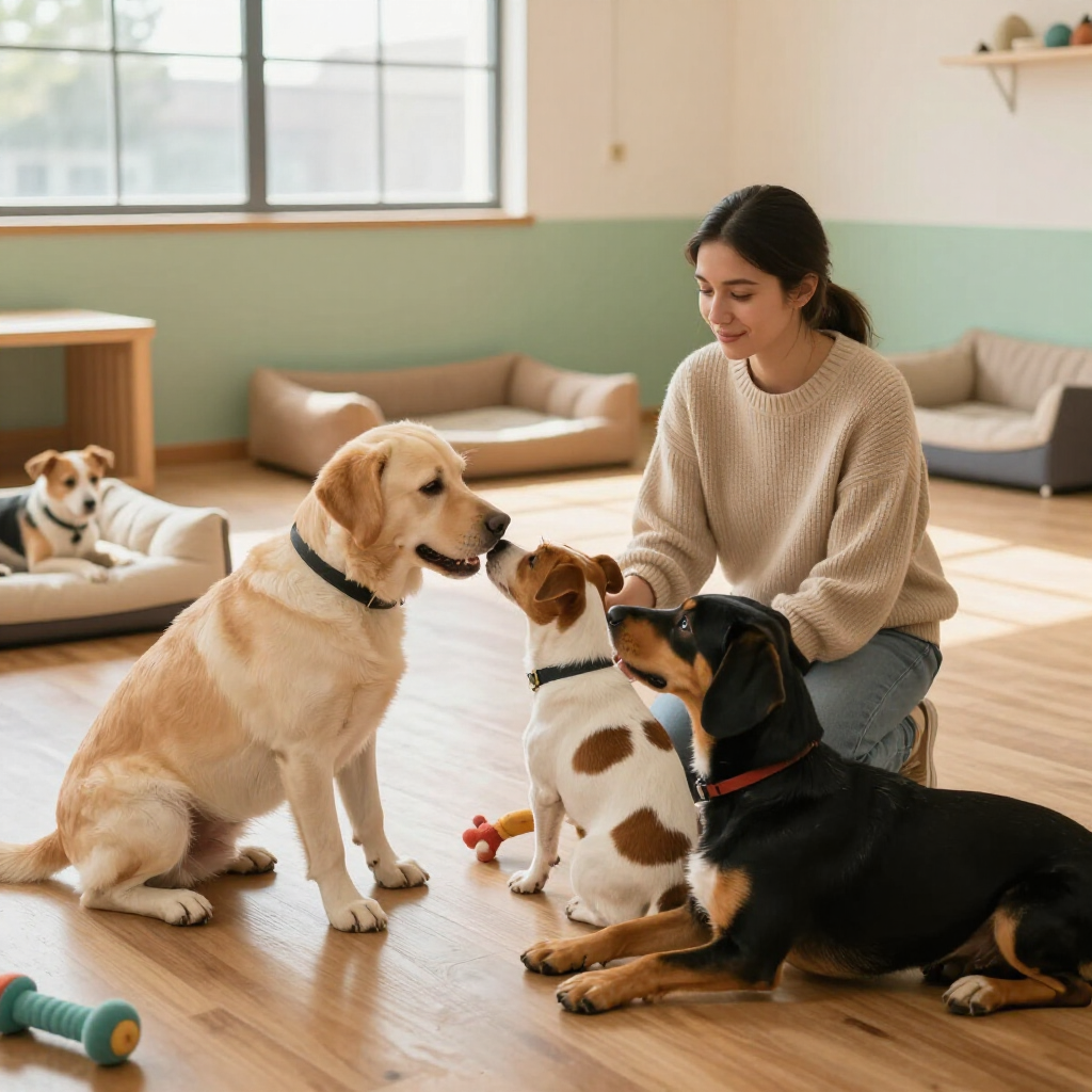 Friendly dogs socializing under gentle supervision.