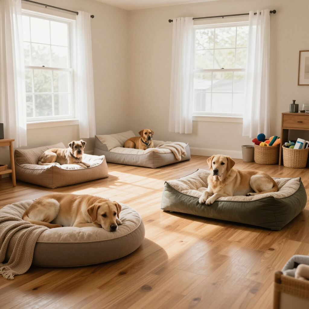 Cozy indoor dog boarding room with soft beds and natural light.