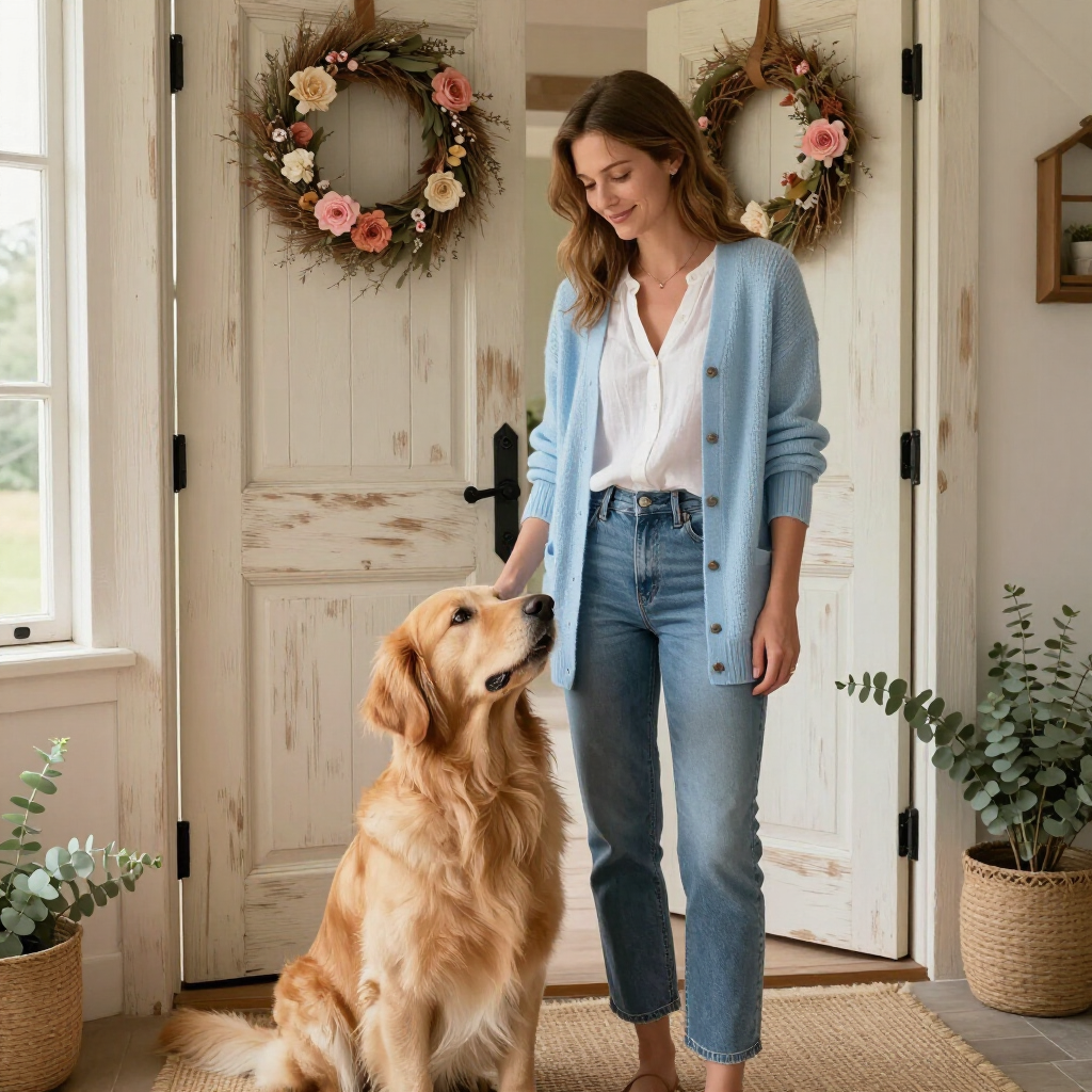 Jen greeting a dog at a welcoming farmhouse-style entryway.