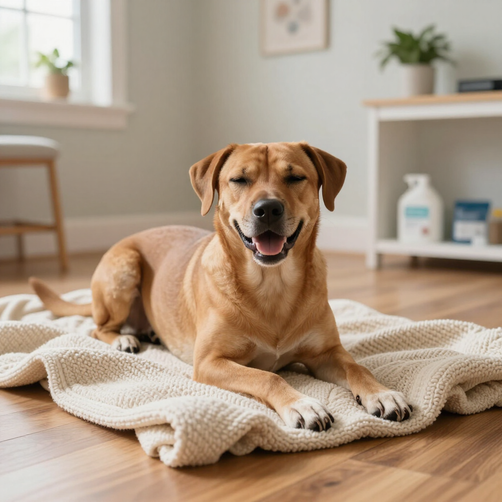 Happy dog resting peacefully on a blanket in a safe boarding space.