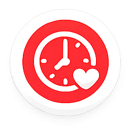 A white-outlined clock icon with a heart overlay, set against a circular red background.