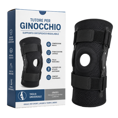 Ginocchiera nera accanto alla sua confezione su sfondo bianco.