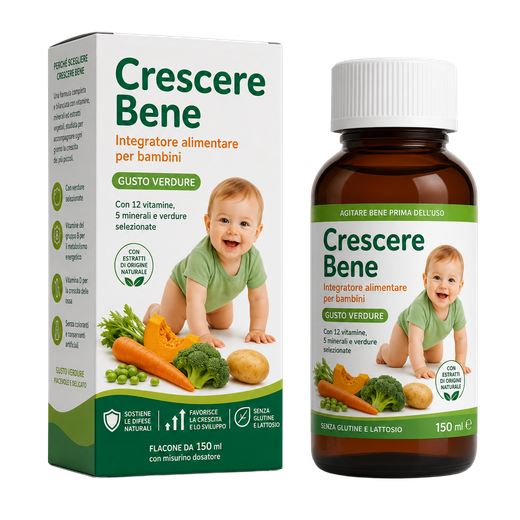 Scatola e biberon di integratore alimentare per neonati Crescere Bene con carota e broccoli su sfondo bianco.