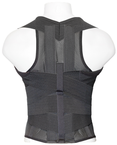 Gilet di supporto lombare in rete nera con chiusura a zip frontale, mostrato indossato da un manichino.