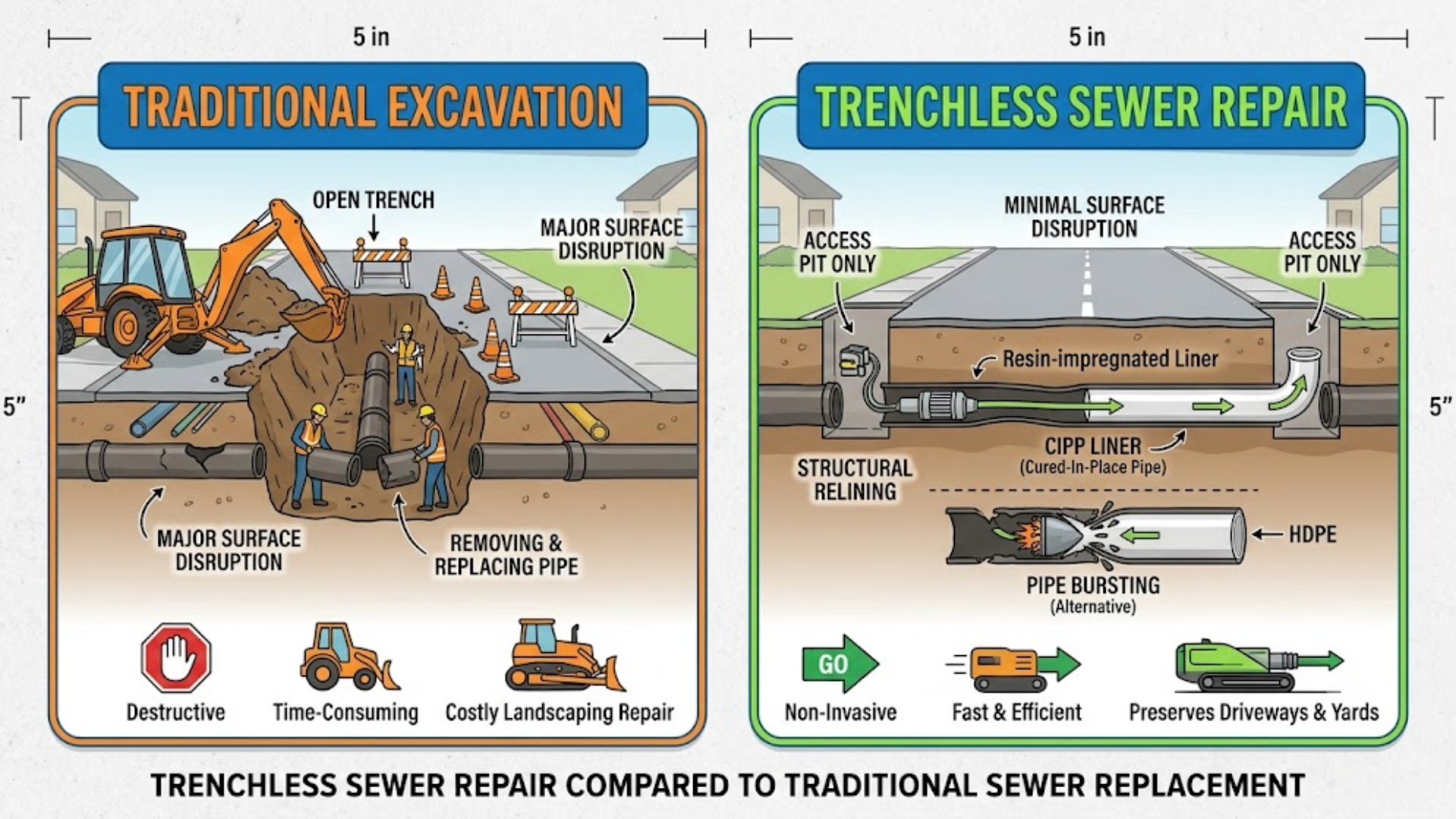 Trenchless sewer repair compared to traditional sewer replacement