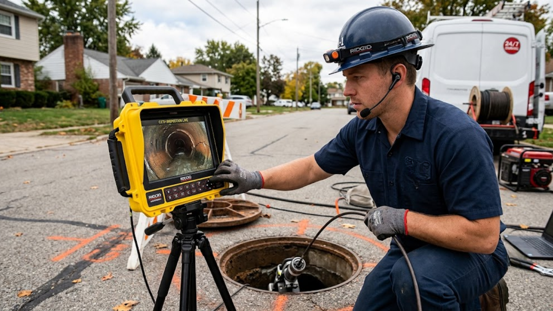 Worker in blue helmet inspects sewer pipe with a yellow camera at a street manhole