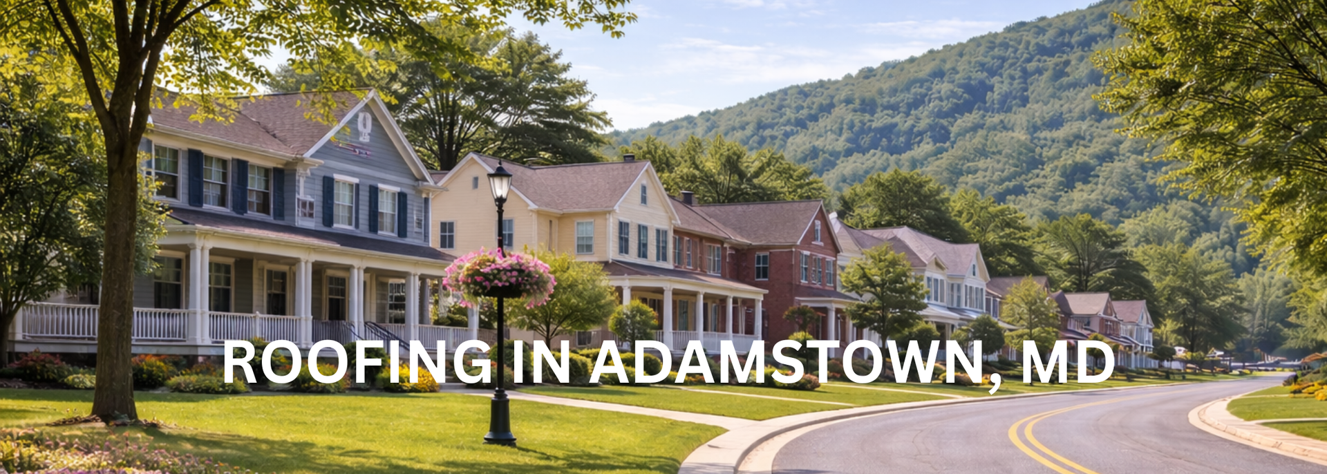 Roofing in Adamstown, MD over suburban homes with hills in the background