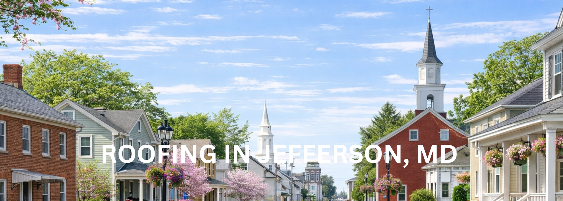 Town street with brick buildings, trees, and a white church steeple under a blue sky; text reads “ROOFING IN JEFFERSON, MD”