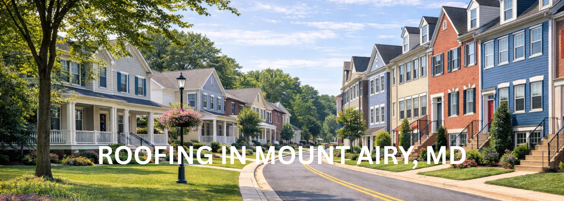 Tree-lined street of colorful townhouses with overlaid text “ROOFING IN MOUNT AIRY, MD”