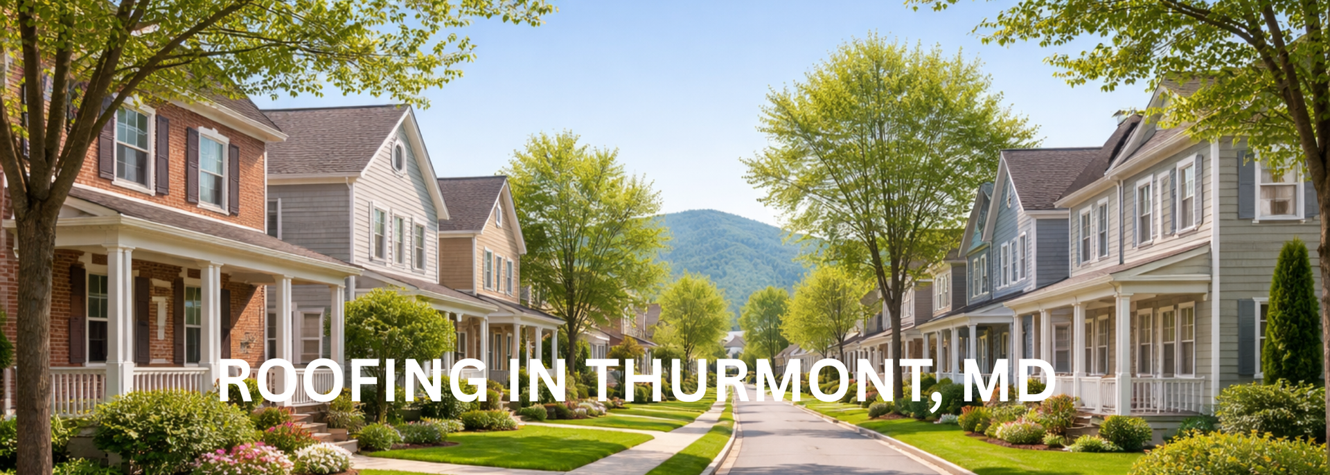 Suburban neighborhood street with brick homes and trees, overlaid text “ROOFING IN THURMONT, MD”