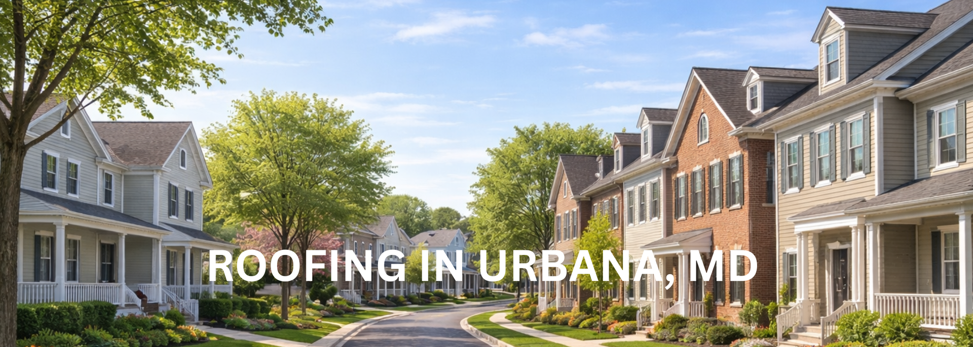 Row of suburban homes with green lawns and text reading “ROOFING IN URBANA, MD”