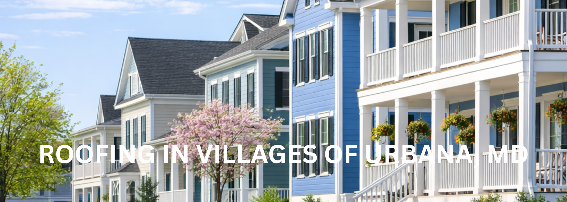 Row of modern blue-and-white apartment homes with porches and green trees on a sunny street