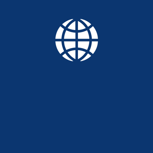 White globe icon on a dark blue background