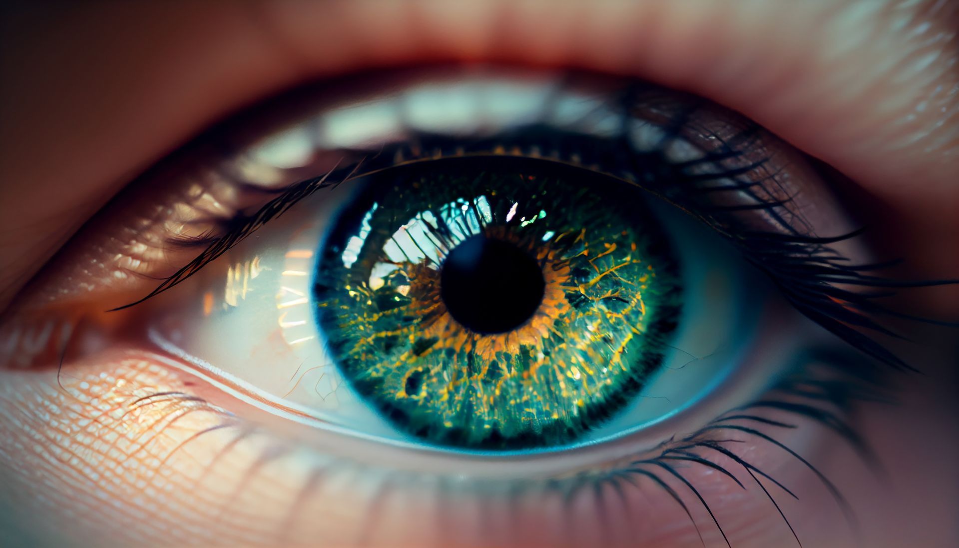 Eine Nahaufnahme des grünen Auges einer Frau mit langen Wimpern.