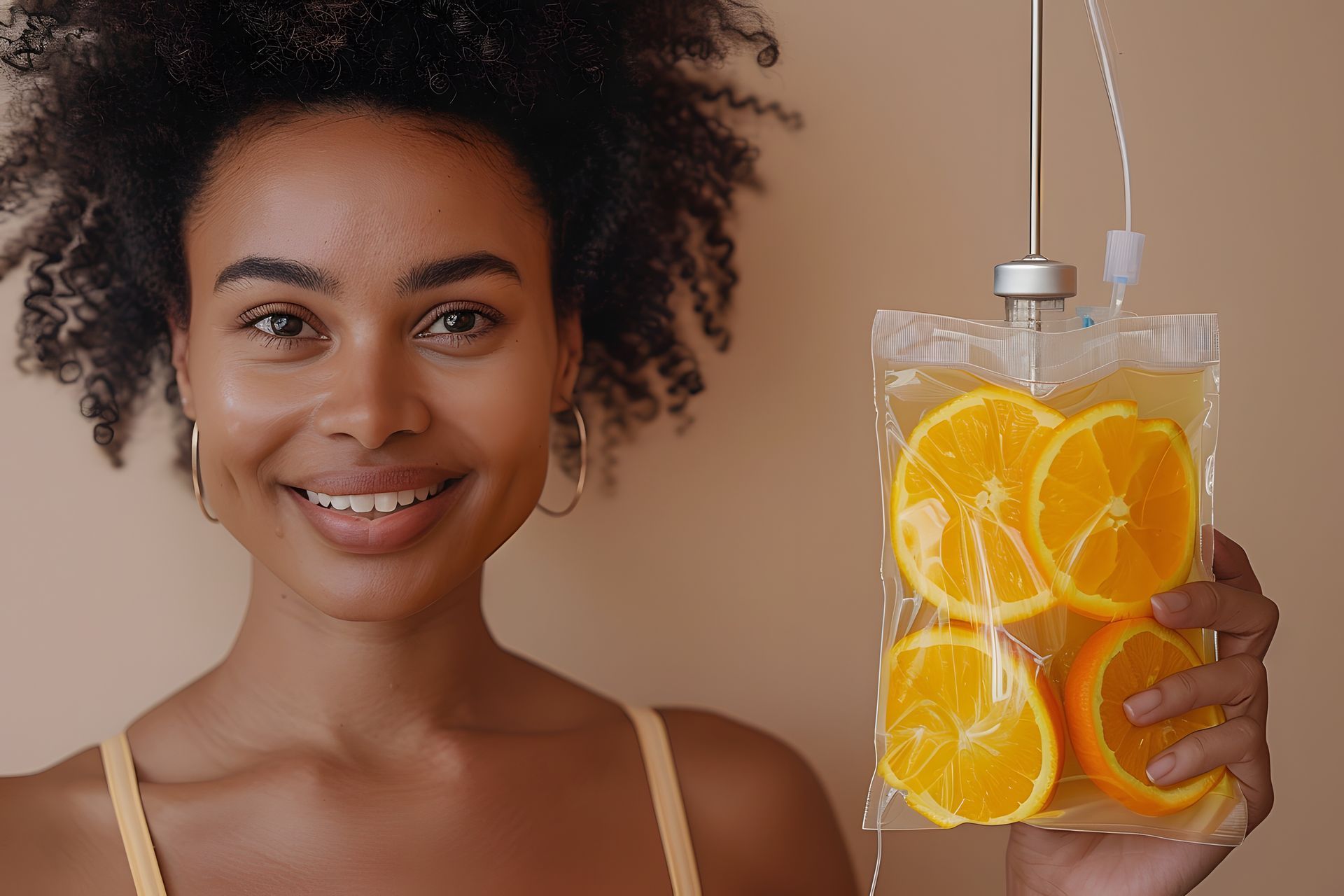 Eine Frau hält eine Tüte Orangen in der Hand.