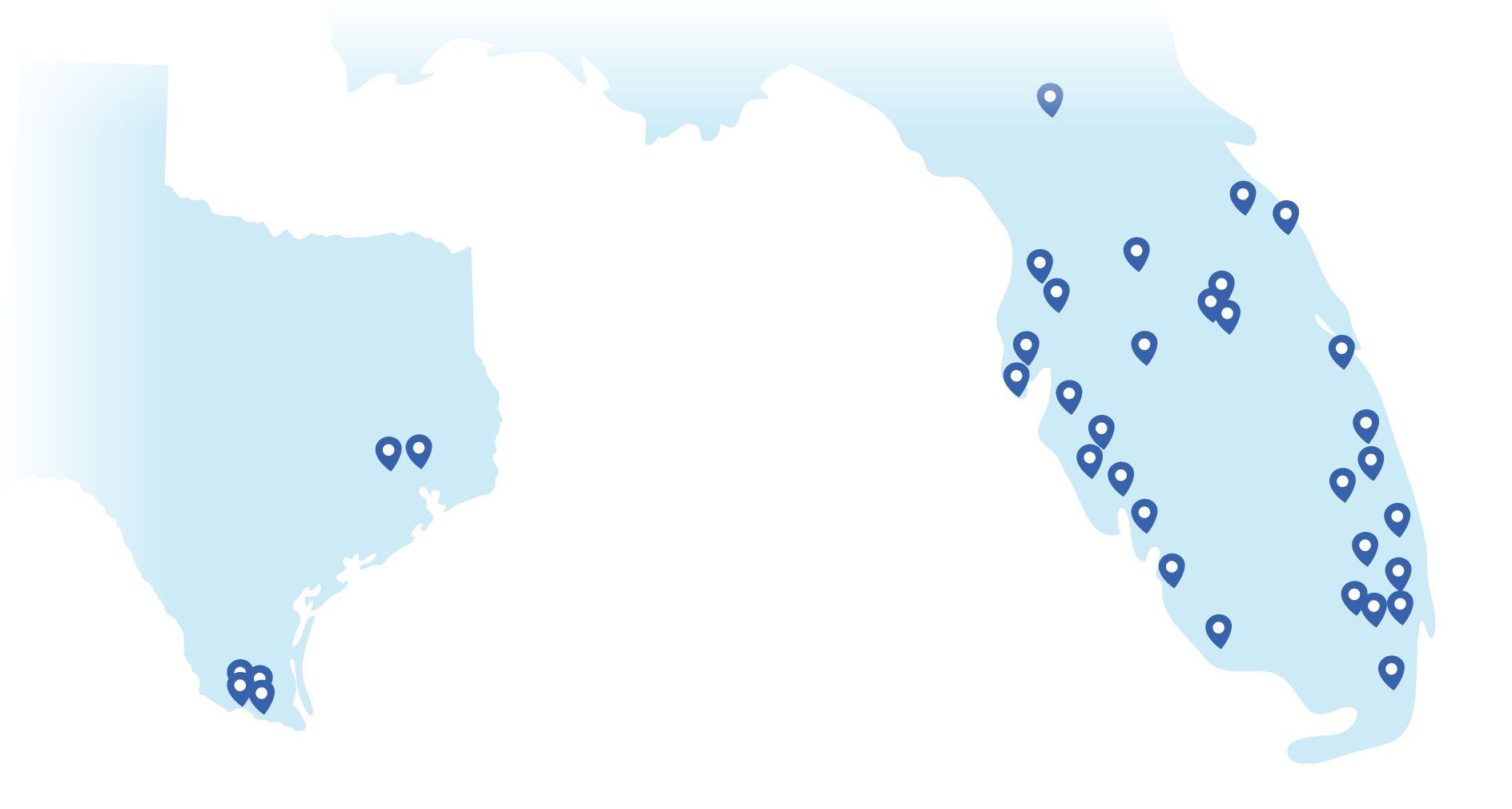 A blue and white map of the united states with pins on it.