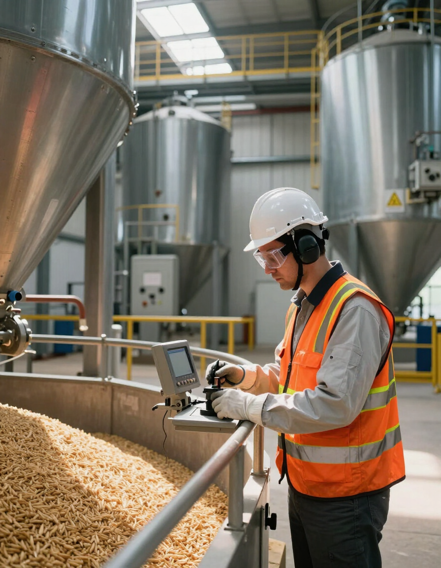 Un trabajador con casco y chaleco naranja utiliza una tableta en una planta procesadora de granos con silos metálicos.
