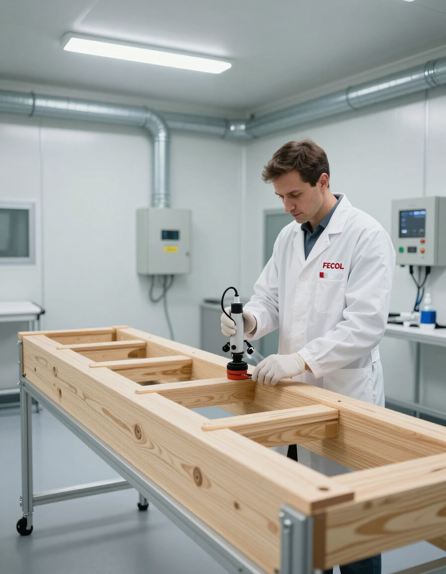 Técnico con bata blanca probando un gran marco de madera en un taller limpio.