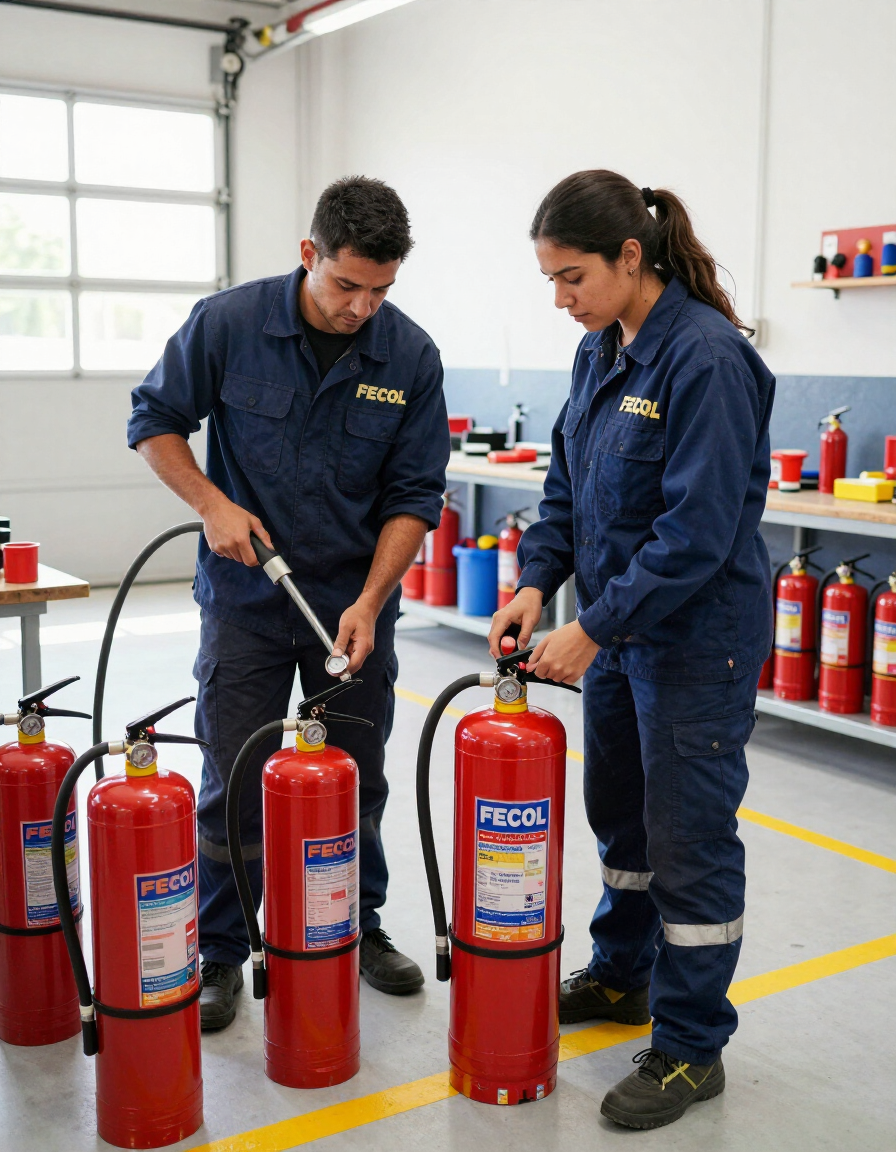 Dos técnicos con uniformes azules inspeccionando extintores rojos en un taller.