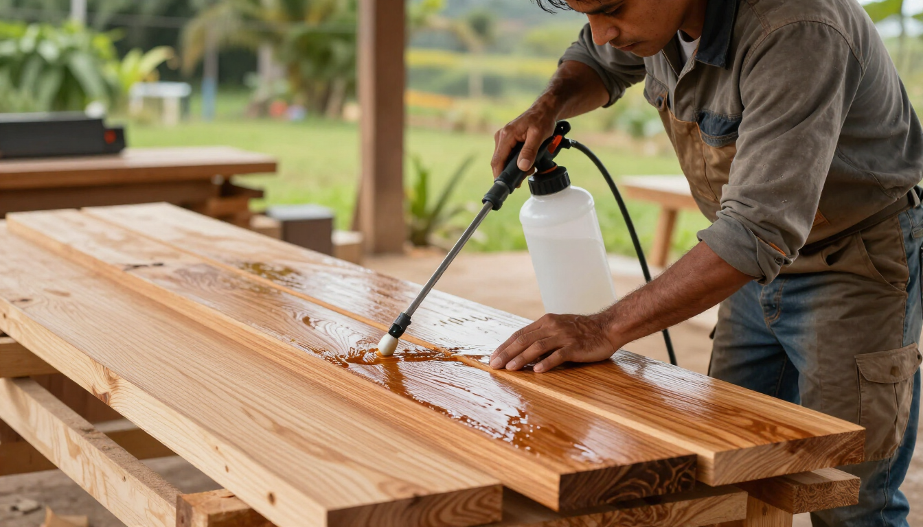 Un trabajador aplica un acabado con aerosol a una mesa de madera al aire libre en una obra de construcción.