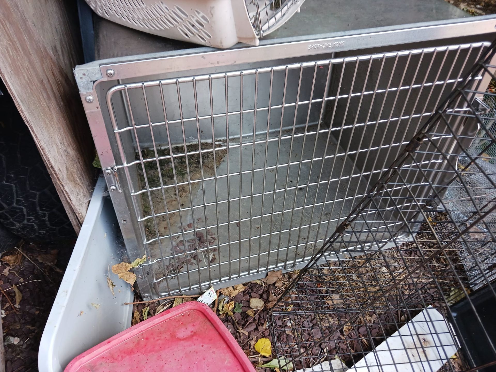 Metal dog crate tray and wire grid, outdoors.
