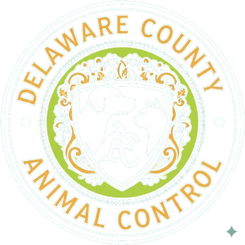 Delaware County Animal Control seal, green and gold, with dog and cat silhouette, text around the border.