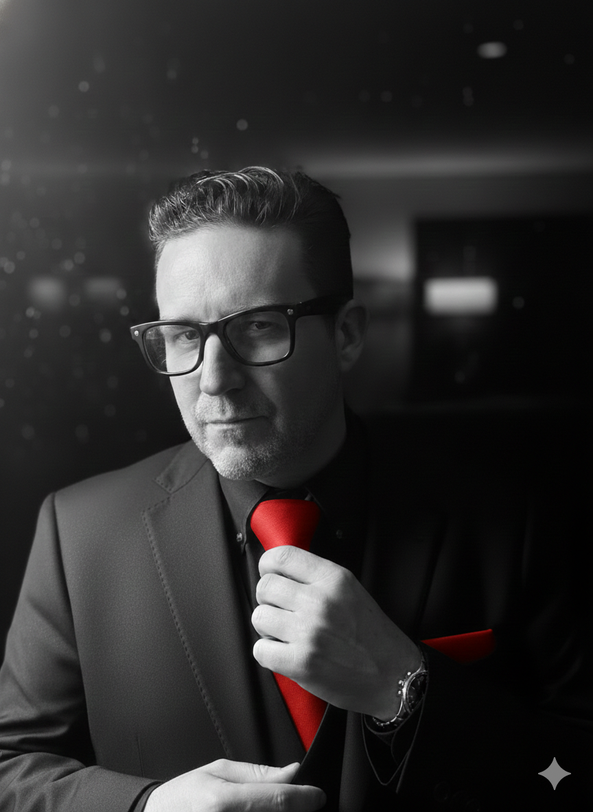 Man in a black suit with a red tie and pocket square, wearing glasses, hands in pockets, formal setting.