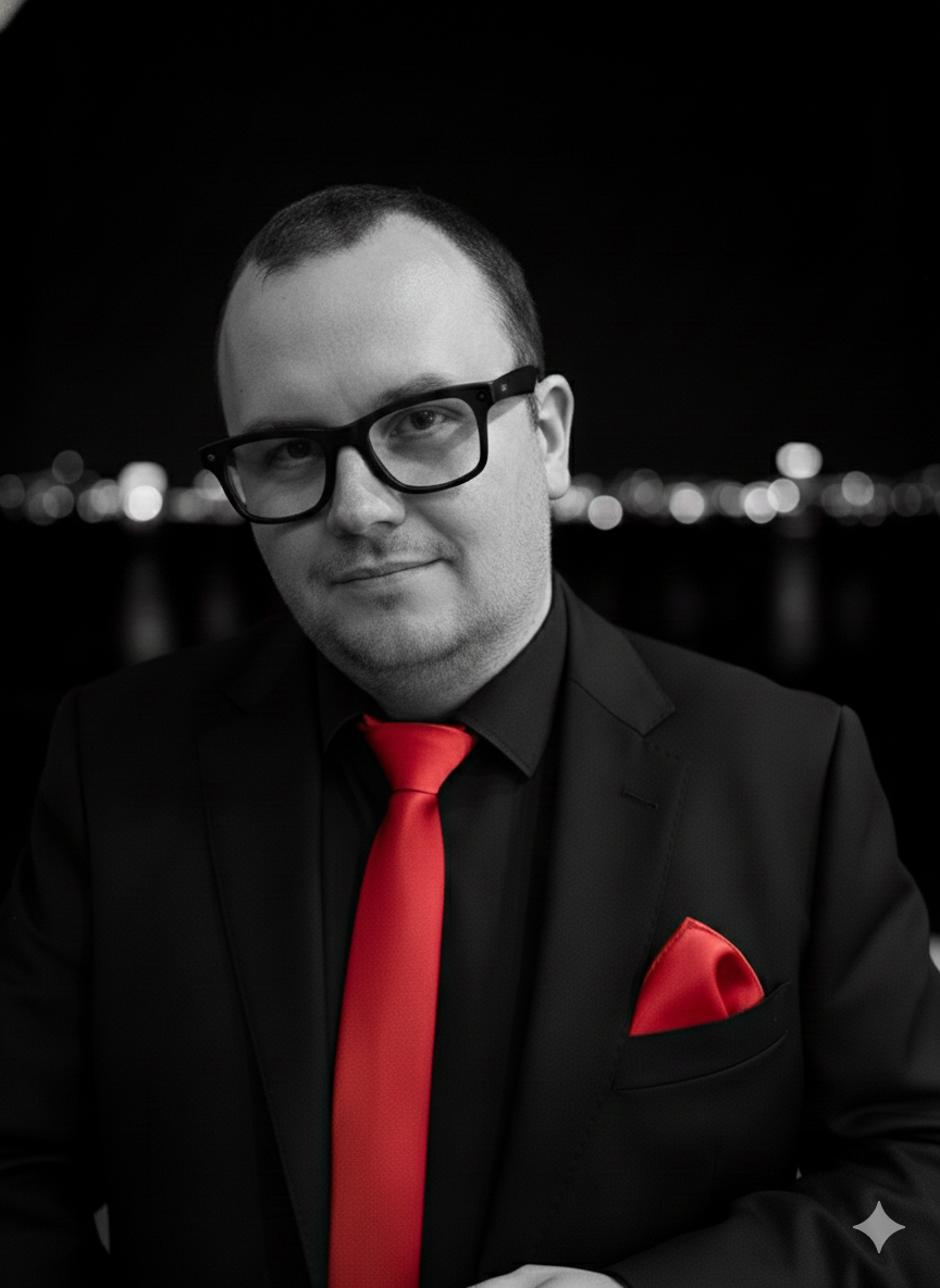 Man in black attire with red tie singing into a microphone, laughing.